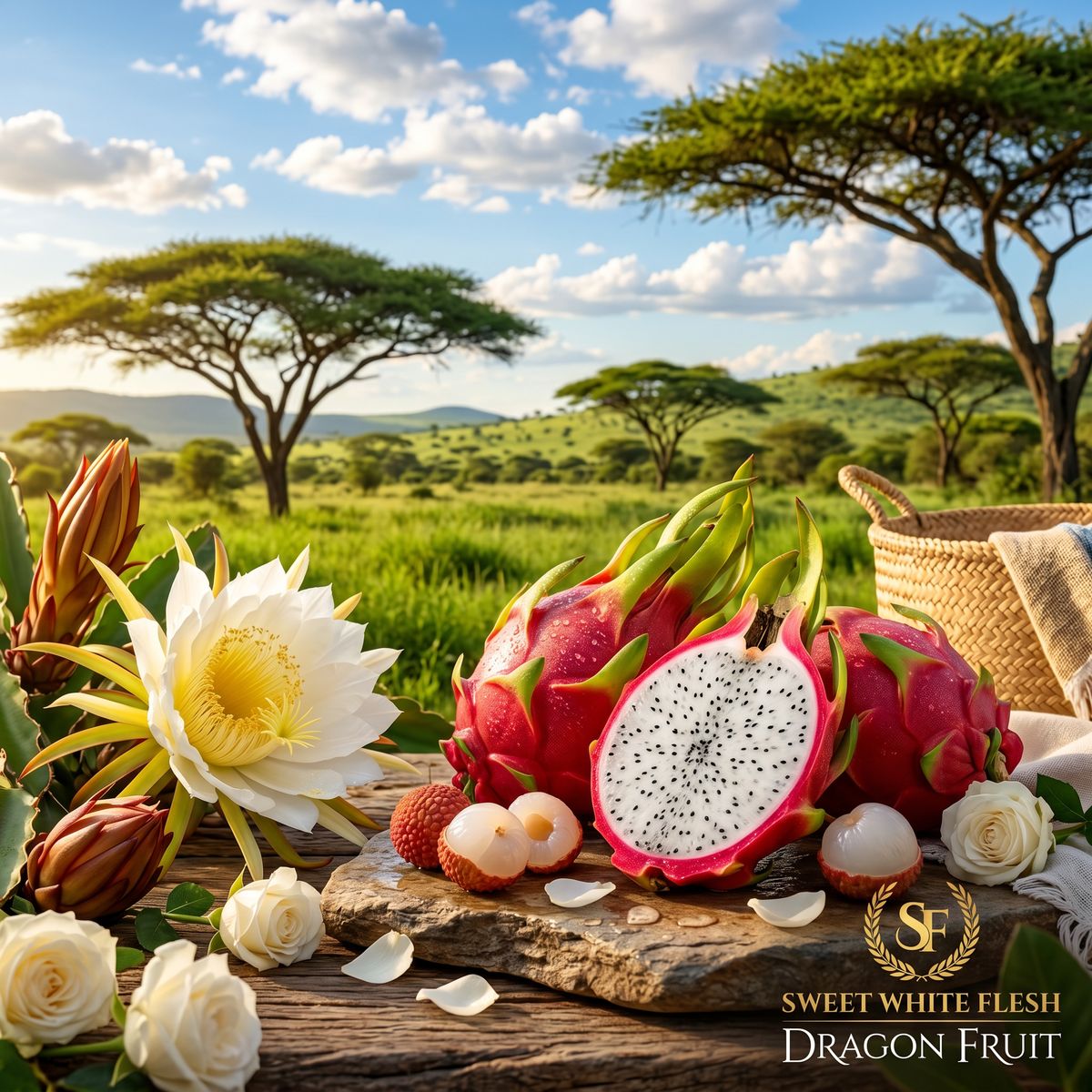 Crystal White™ white-fleshed dragon fruit with lychees and flower - premium cultivar by Healthy Fields DFSA