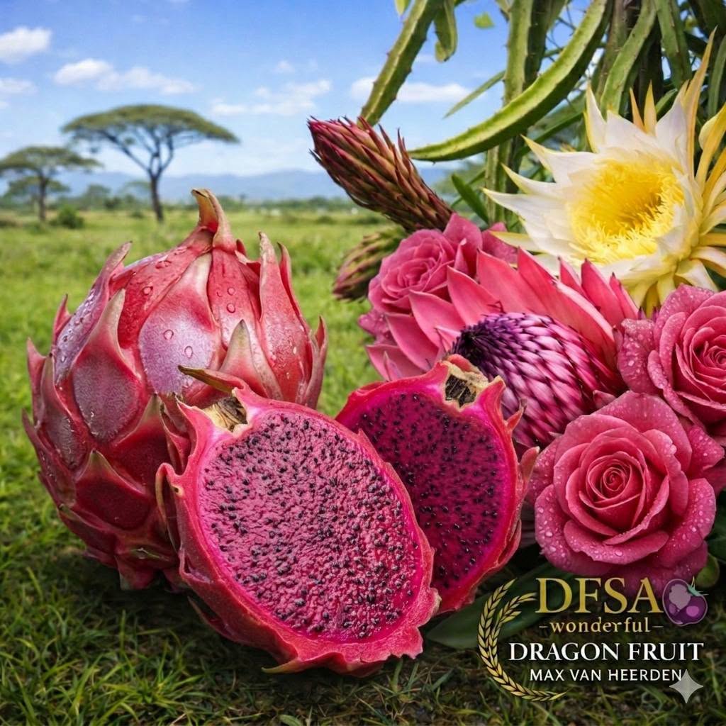 Ruby Rose™ red-fleshed dragon fruit with flower and protea - premium commercial cultivar by Healthy Fields DFSA